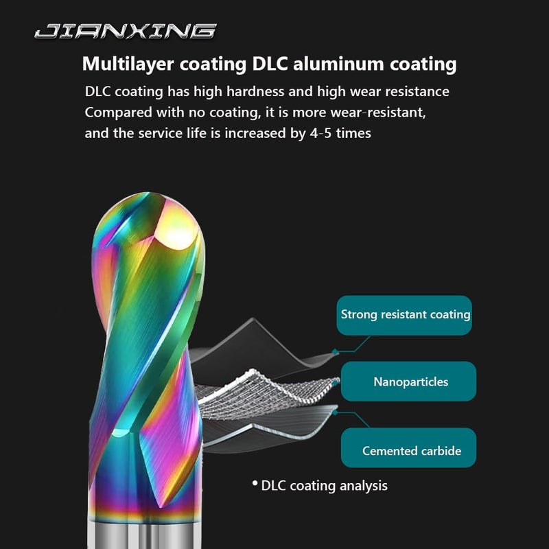 JIANXING 3/8" DLC Coated 2-Flute Carbide Ball Nose End Mill, Ideal for Aluminum, Copper Alloys, and Plastic Machining – High Precision & Wear-Resistant Cutting Tool (1 Pieces) - Image 3